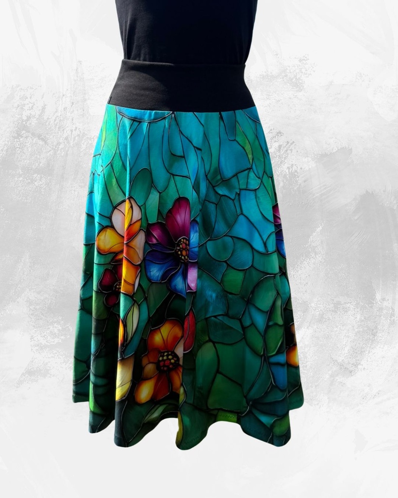 Dámská midi půlkolová úpletová sukně,květy na zelené