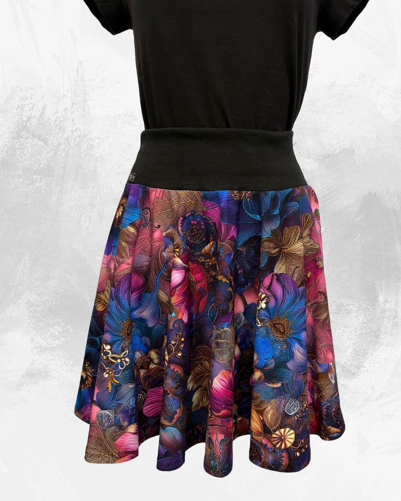 Dámská krátká kolová úpletová sukně,fialovomodré květy se zlatými prvky, vel S,M