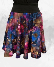 Dámská krátká kolová úpletová sukně,fialovomodré květy se zlatými prvky, vel S,M