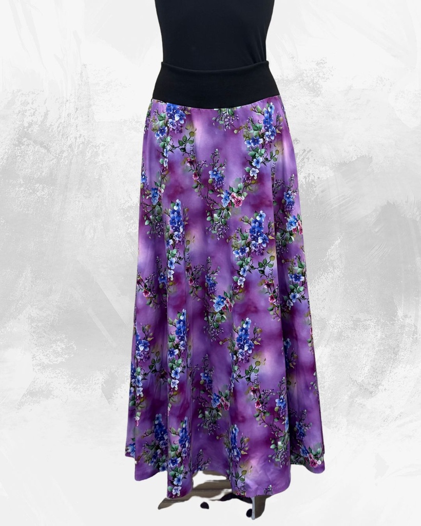 Dámská dlouhá na zem půlkolová úpletová sukně,kvetoucí větvičky na fialové
