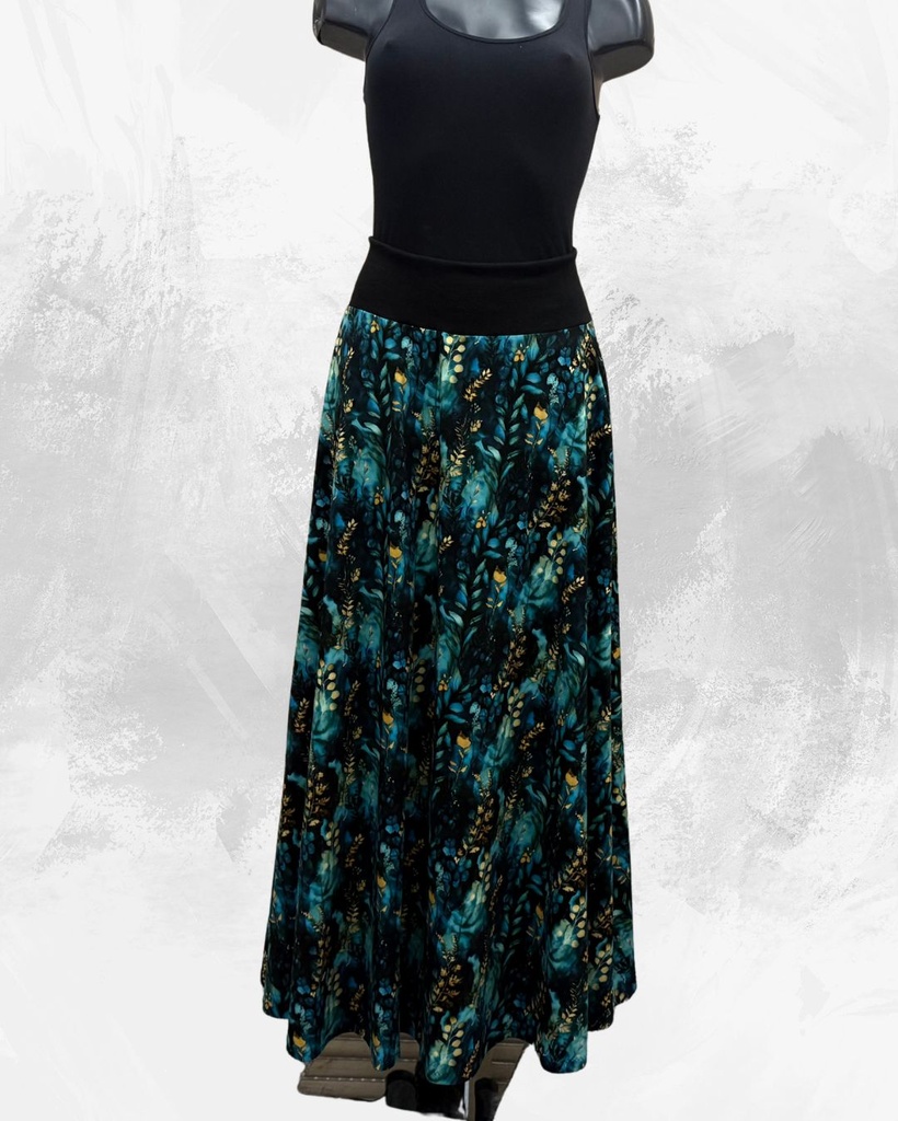 Dámská dlouhá na zem půlkolová úpletová sukně,zelenozlaté rostilny