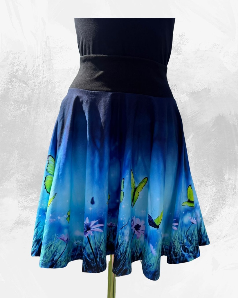 Dámská krátká kolová úpletová sukně,motýlci na modré