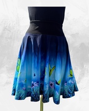 Dámská krátká kolová úpletová sukně,motýlci na modré