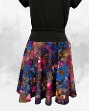 Dámská krátká kolová úpletová sukně,fialovomodré květy se zlatými prvky