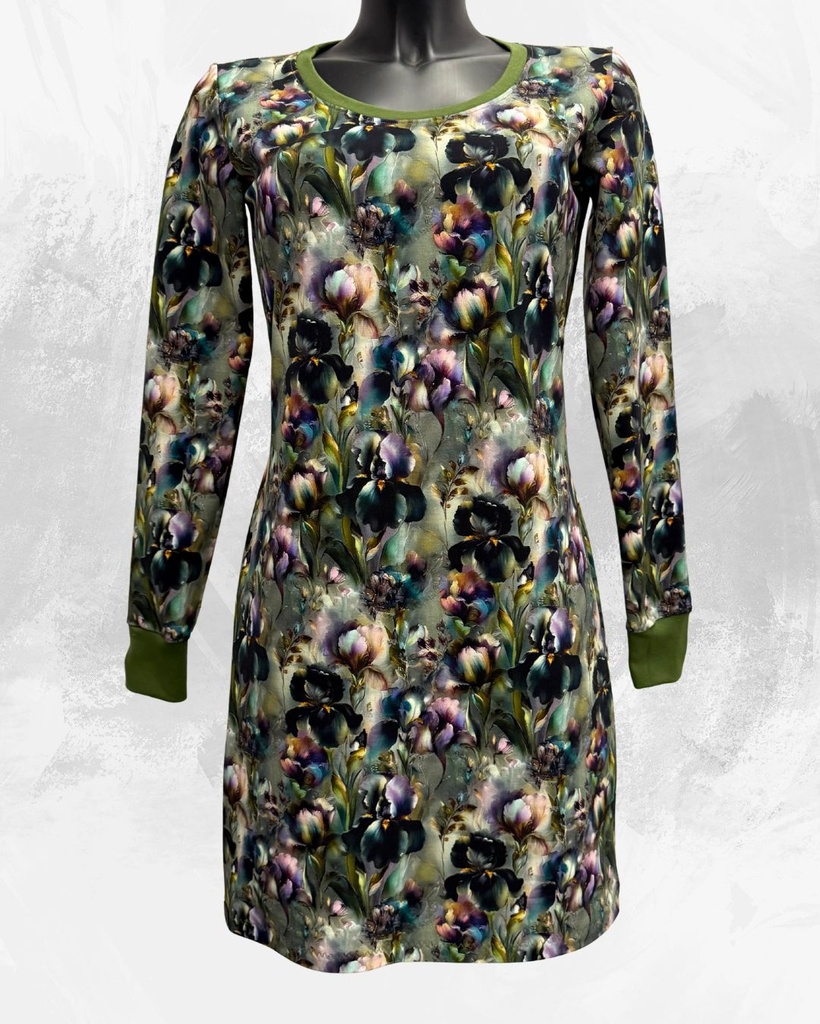 Dámské mikino-šaty,kosatce na zelenkavé